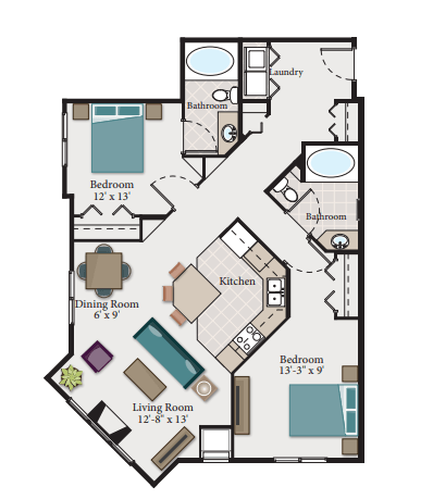 Floor plan for 2 beds, 2 baths, 1073 sqft